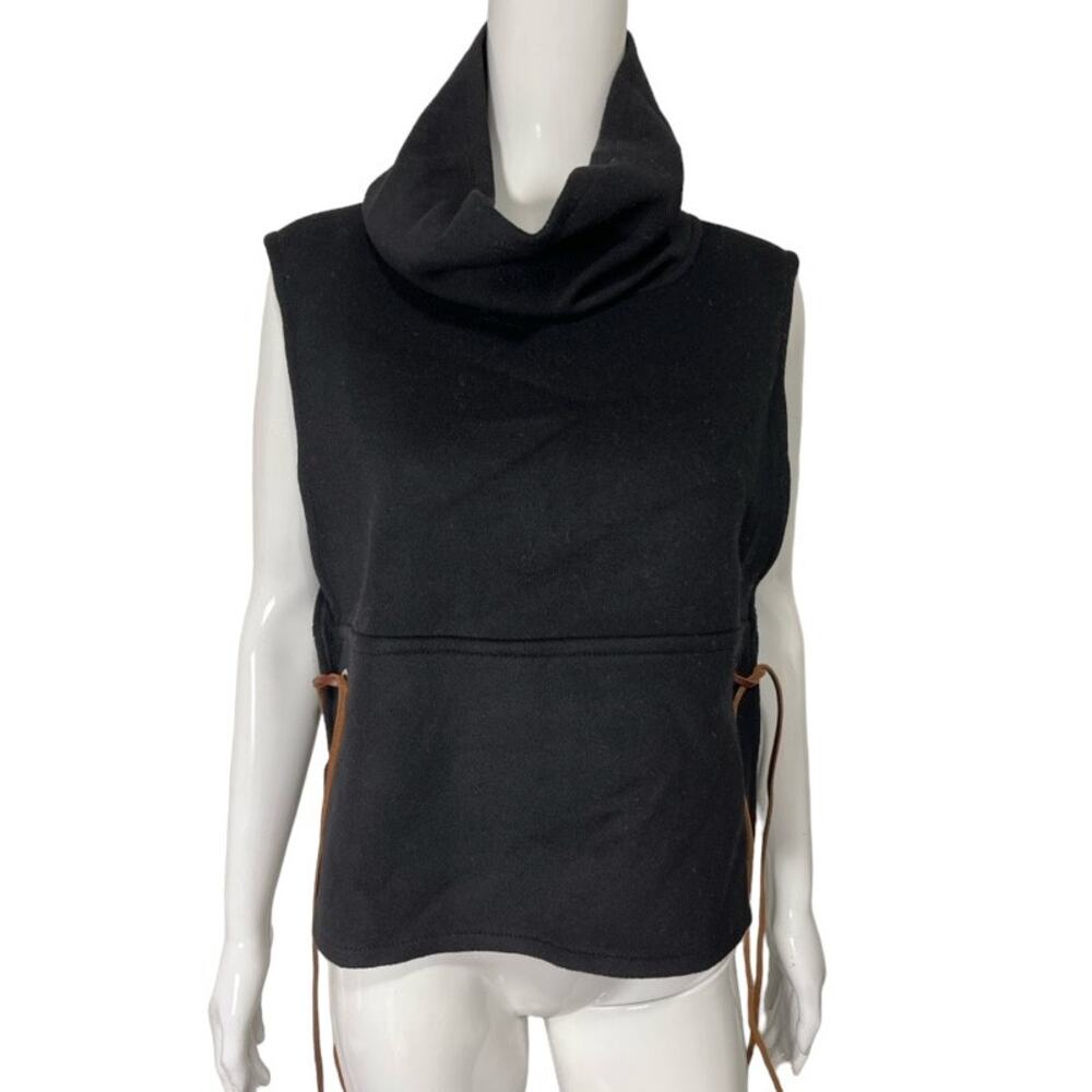SFIZIO Black Wool Leather Tie Accent Turtleneck Sleeveless Vest Top 44 US 6